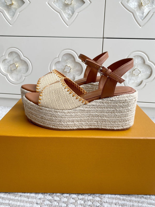 LV Beige·Raffia Straw Wedge Sandals 7.5cm Gold Lining Leather 291587