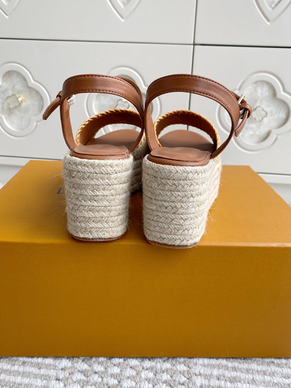 LV Beige·Raffia Straw Wedge Sandals 7.5cm Gold Lining Leather 291587