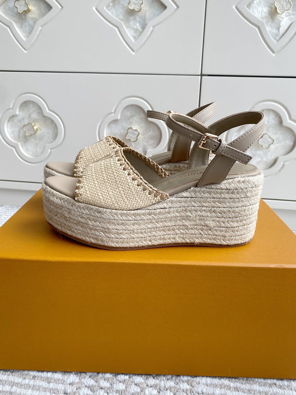 LV Beige·Raffia Straw Wedge Sandals 7.5cm Light Brown Lining Leather 291589