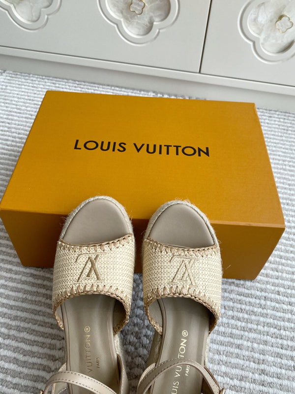LV Beige·Raffia Straw Wedge Sandals 7.5cm Light Brown Lining Leather 291589