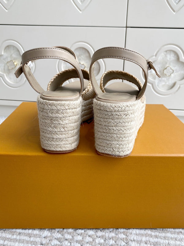 LV Beige·Raffia Straw Wedge Sandals 7.5cm Light Brown Lining Leather 291589