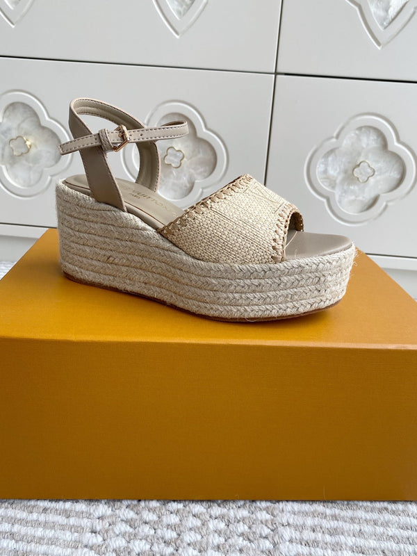 LV Beige·Raffia Straw Wedge Sandals 7.5cm Light Brown Lining Leather 291589
