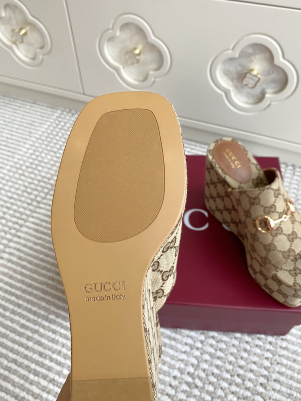 GC 25 Wedge With Horsebit Sandal Beige and Dark Brown Canvas 291029