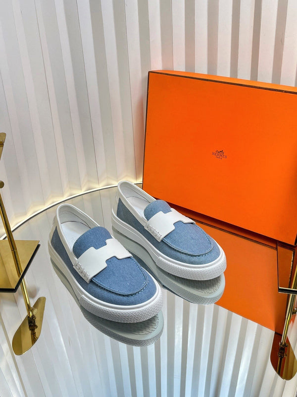 HM Denim Casual Loafer Blue White Cowhide Cloth 317068