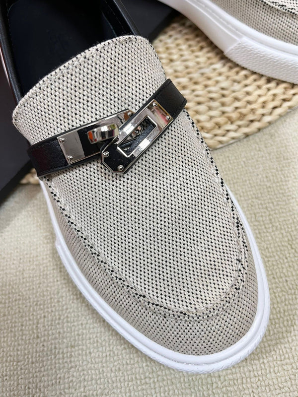 HM Buckle Casual Loafer Black Cowhide Cloth 317046