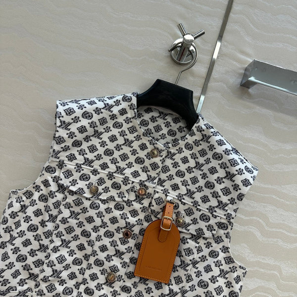 LV 25 Modern Logo Denim Vest Jacket Black White Poliester