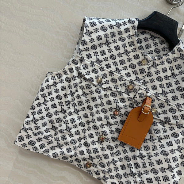 LV 25 Modern Logo Denim Vest Jacket Black White Poliester
