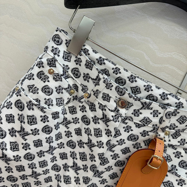 Pantaloni in denim con logo moderno LV 25, neri e bianchi, in poliestere