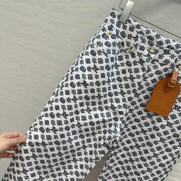 Pantaloni in denim con logo moderno LV 25, neri e bianchi, in poliestere