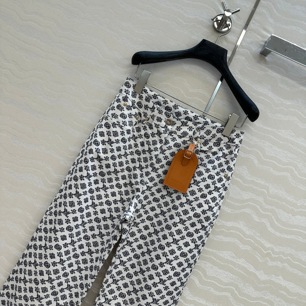 Pantaloni in denim con logo moderno LV 25, neri e bianchi, in poliestere
