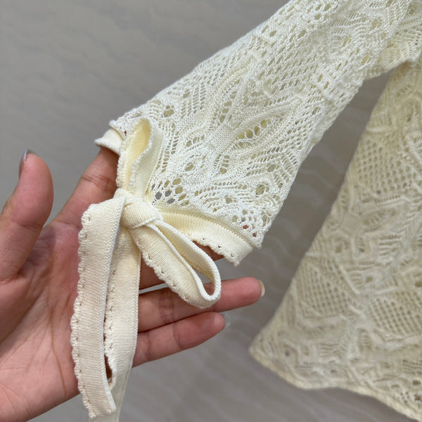 CD Hollowed-out Cardigan Light Cream Cotton
