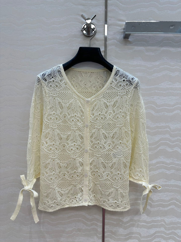 CD Hollowed-out Cardigan Light Cream Cotton