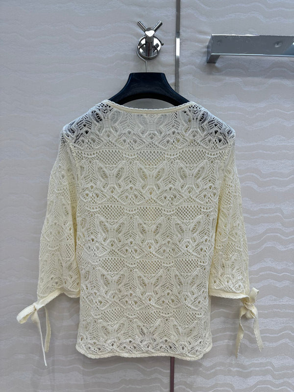CD Hollowed-out Cardigan Light Cream Cotton