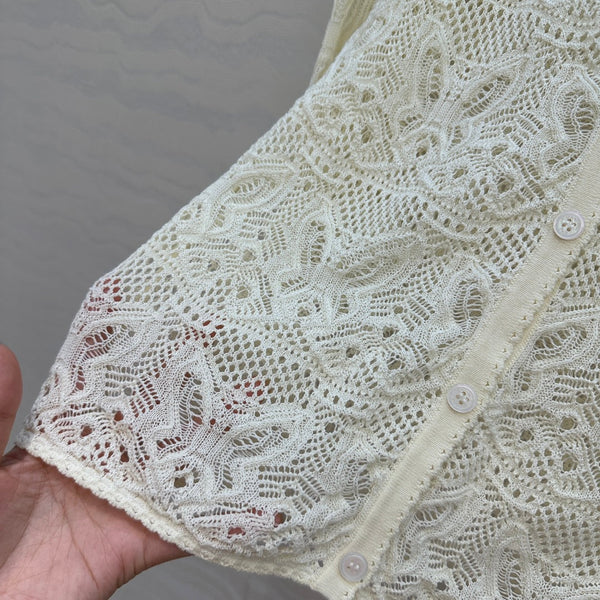 CD Hollowed-out Cardigan Light Cream Cotton