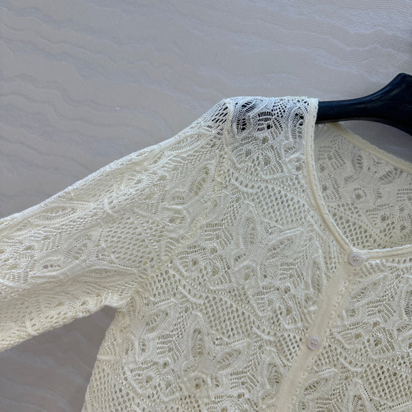 CD Hollowed-out Cardigan Light Cream Cotton