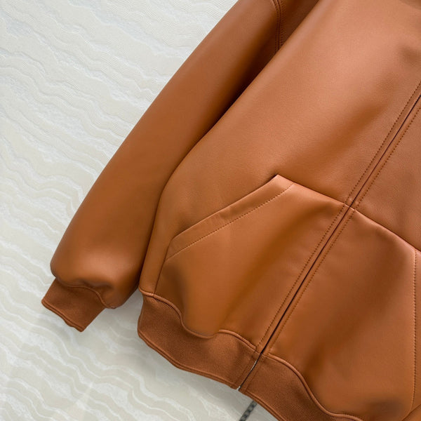 Miu Miu 25 Hooded Leather Jacket Orange Brown