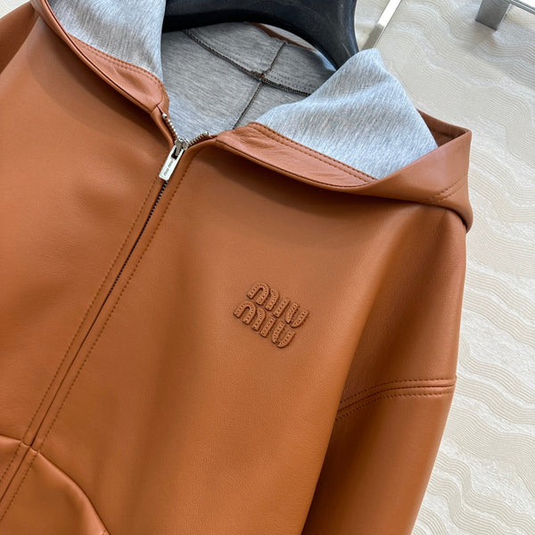 Miu Miu 25 Hooded Leather Jacket Orange Brown