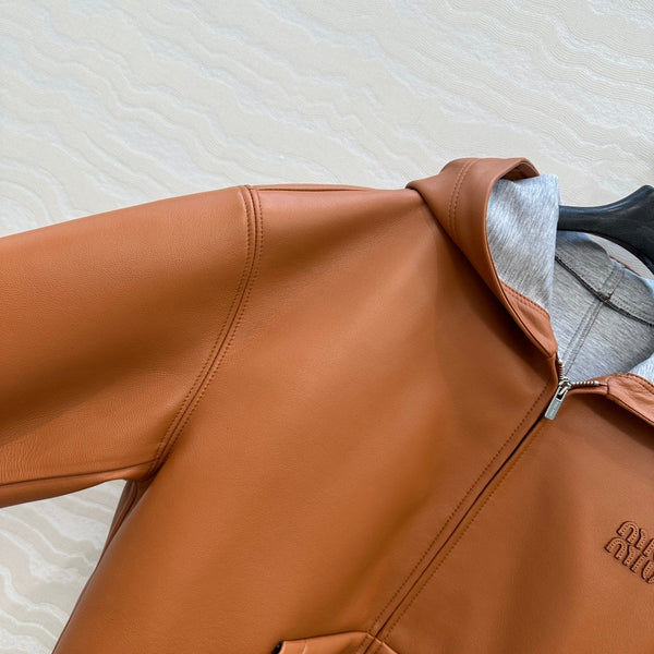 Miu Miu 25 Hooded Leather Jacket Orange Brown