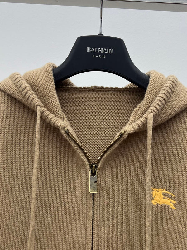 Burberry 25 Zipper-Up Hooded Knit Cardigan Beige Wool Cashmere