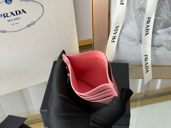 Pra Gold Logo-Stamp Card Holder Pink Saffiano Leather