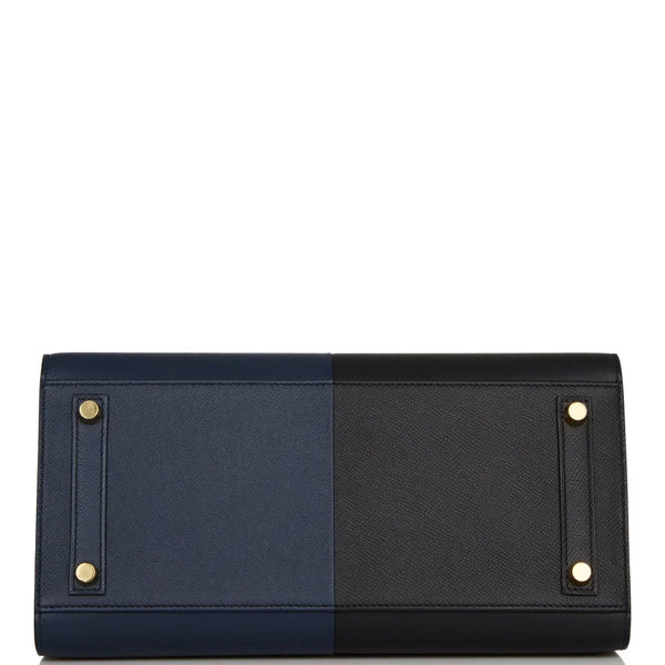 HM BIRKIN SELLIER CASAQUE 32cm NERO E BLU PELLE TOGO FERRAMENTA ORO