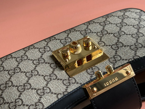 GG PADLOCK SMALL 24 BEIGE CANVAS BLACK CALFSKIN