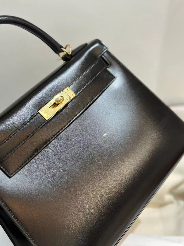 HM KELLY 28CM BLACK BOXCALF GOLD HARDWARE