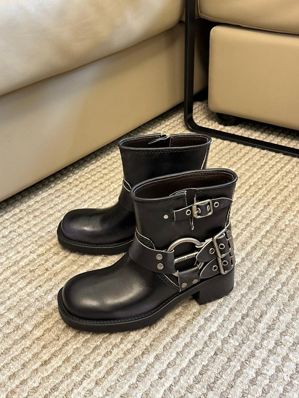Miu Vintage-Look Black Calfskin Booties