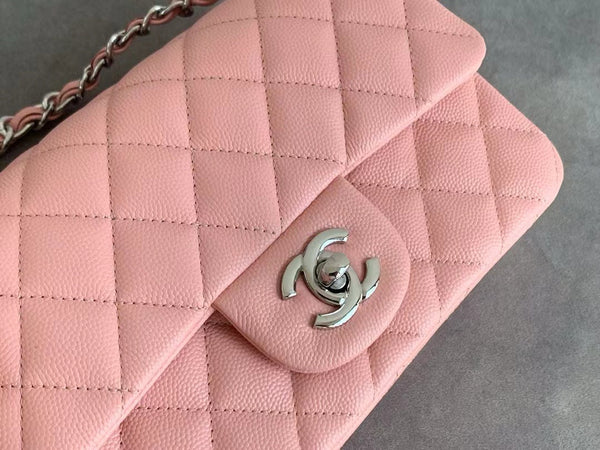 Flap Bag Mini 20cm Pink Caviar Leather Silver Hardware