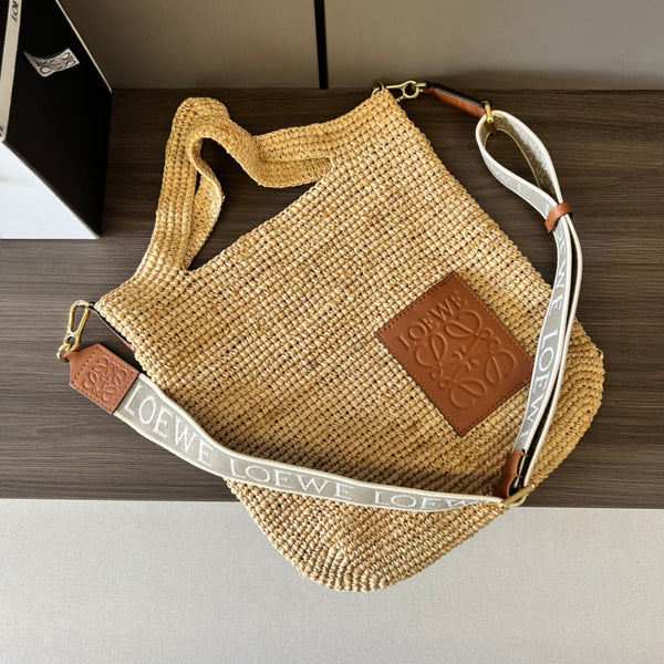 Mini Slit Tote 30cm Beige Raffia Tan Calfskin