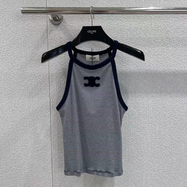 Triomphe Tank Top In Striped Jersey White Mix Navy Cotton