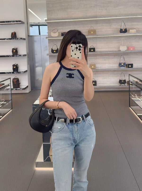 Triomphe Tank Top In Striped Jersey White Mix Navy Cotton