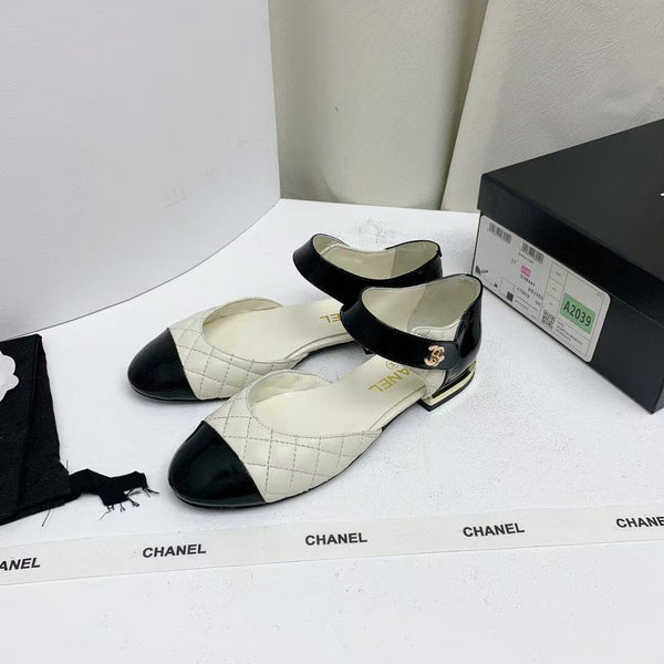 CC Quilted Cap Toe Ballerina Flats Black White Lamskin & Calfskin