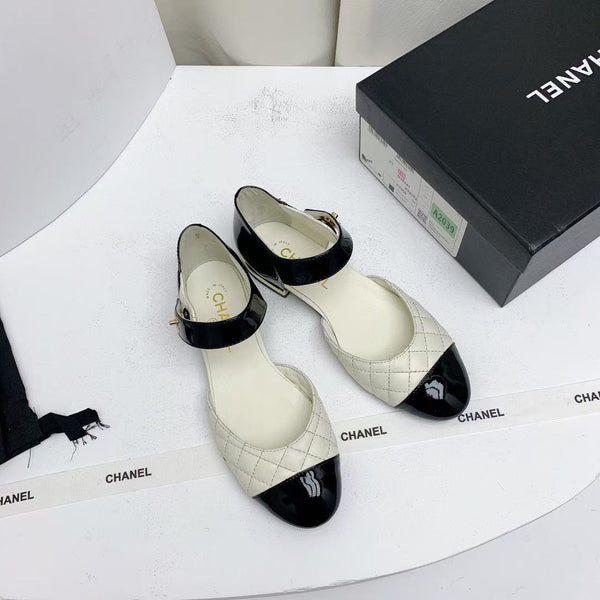 CC Quilted Cap Toe Ballerina Flats Black White Lamskin & Calfskin