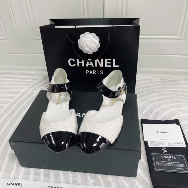 CC Ballerina Flats Black White Tweed & Calfskin