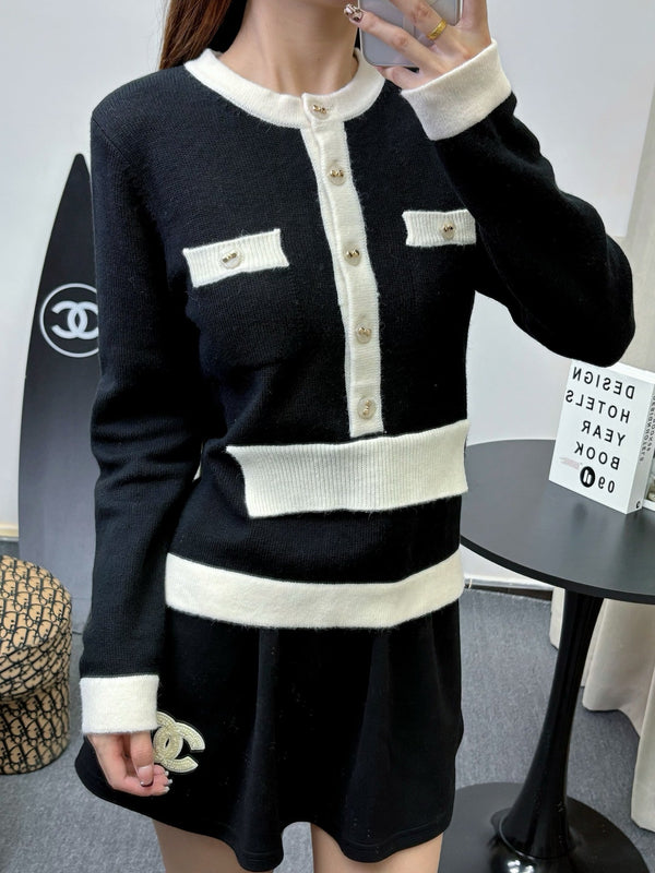 CC 25F Round-Neck Knitted Long-Sleeved Cardigan Black Wool