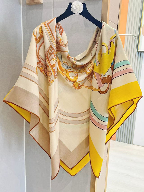 HM Brides de Gala Applique Pique shawl Scarf 140 CM In Brown and Yellow Cashmere And Silk 359401