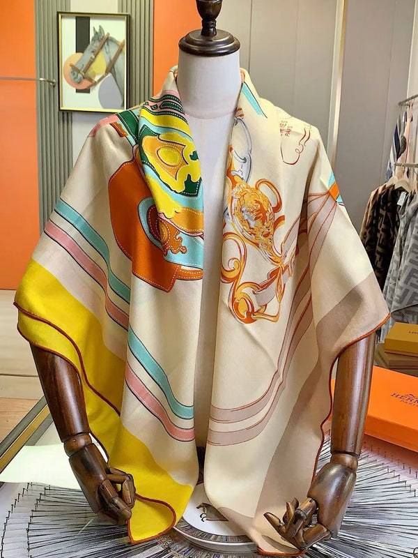 HM Brides de Gala Applique Pique shawl Scarf 140 CM In Brown and Yellow Cashmere And Silk 359401