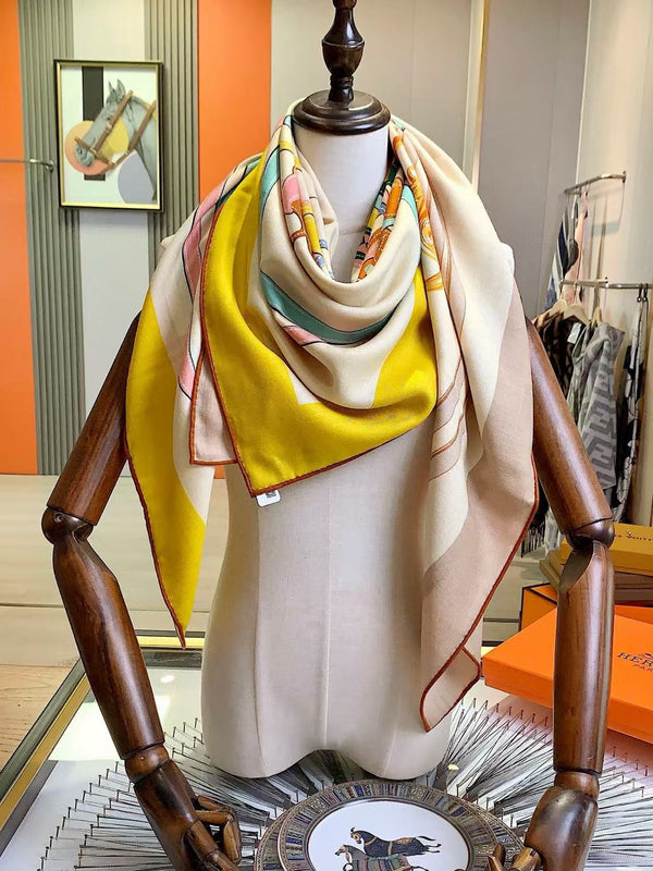 HM Brides de Gala Applique Pique shawl Scarf 140 CM In Brown and Yellow Cashmere And Silk 359401