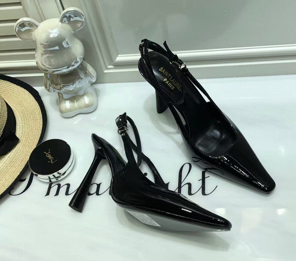 SL SLINGBACK PUMPS 100MM IN BLACK CALFSKIN PATENT LEATHER