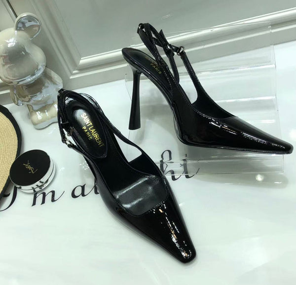 SL SLINGBACK PUMPS 100MM IN BLACK CALFSKIN PATENT LEATHER