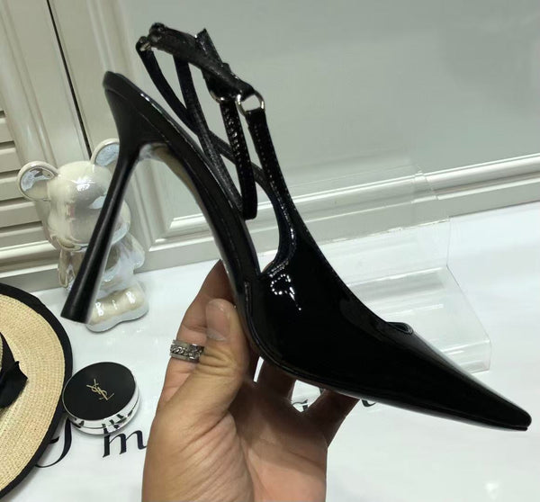 SL SLINGBACK PUMPS 100MM IN BLACK CALFSKIN PATENT LEATHER