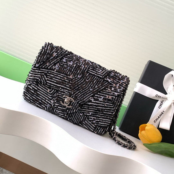 24K Flap Bag 20cm Sequin Black