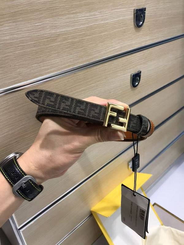 FF Belt 2mm Monogram Canvas Beige Calfskin Gold Hardware