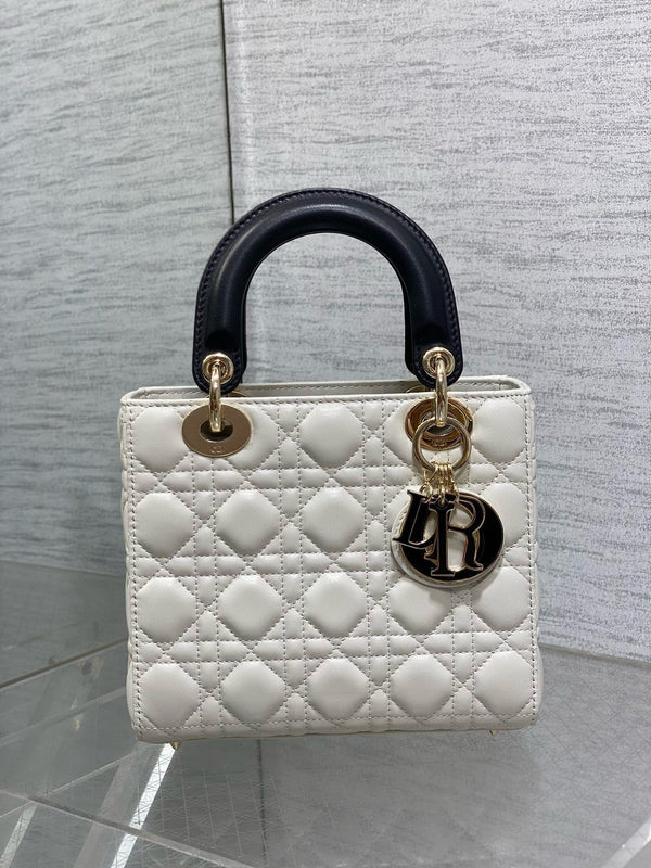 Lady Dior 20cm White Black Gold Chain Lambskin