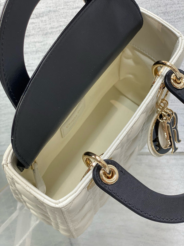 Lady Dior 20cm White Black Gold Chain Lambskin