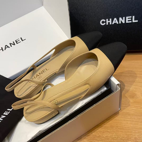 slingbacks flat beige goatskin black grosgrain