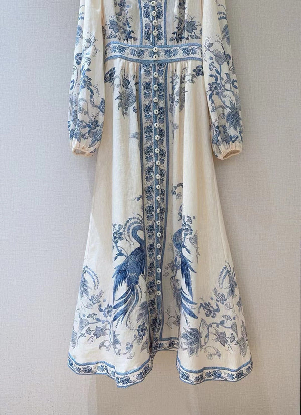 ZIMMERMANN Lucky Plunge Midi Dress Cream/Blue Floral Linen Fabric
