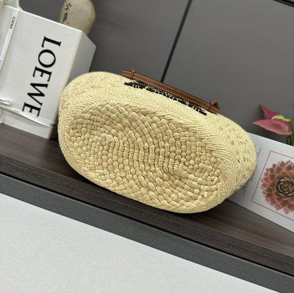 LOE ANAGRAM BASKET 46CM BAG IN NATURAL MIX BROWN IRACA PALM AND CALFSKIN