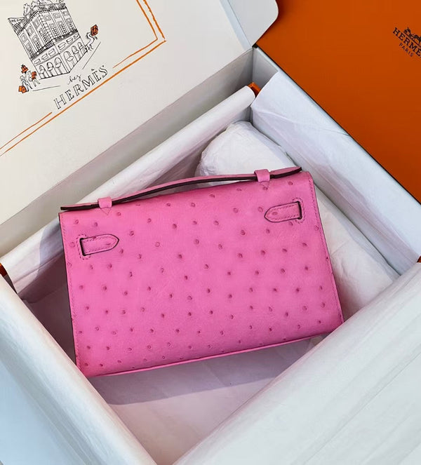 HM Kelly Pochette 20cm Bubblegum Pink Ostrich Leather Silver Hardware